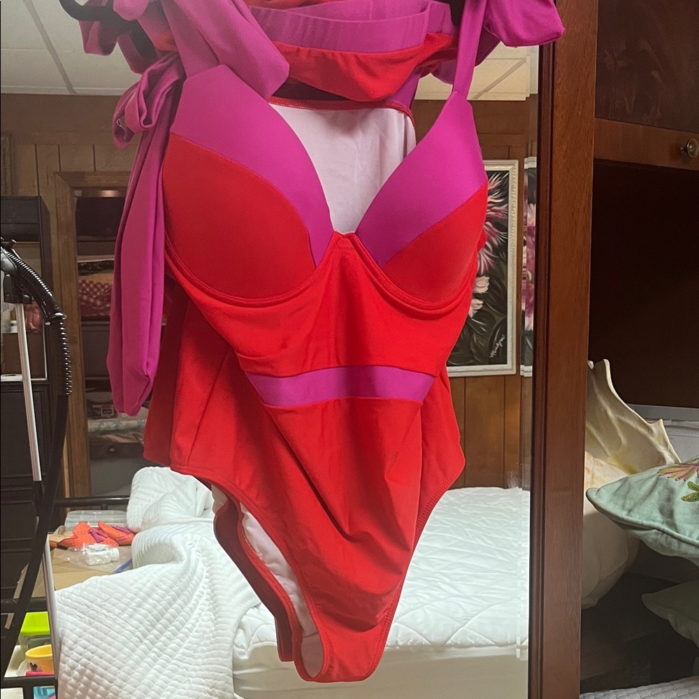 Resort Ready! 2 pc Red and Pink One-Piece Swimsuit with sarong! Tie support